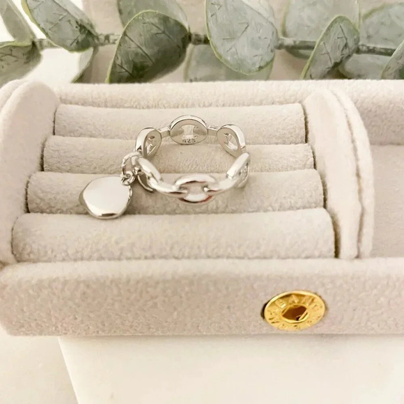 925 Sterling Silver Curb Chain Ring Chunky Dangle Charm Ring Dainty Boho Ring - Picture 8 of 9